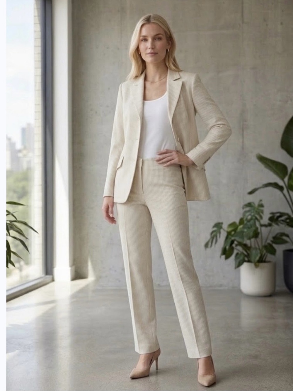 🔴Liz Claiborne Women's Cream Tailored Blazer & Pants Set-14-16